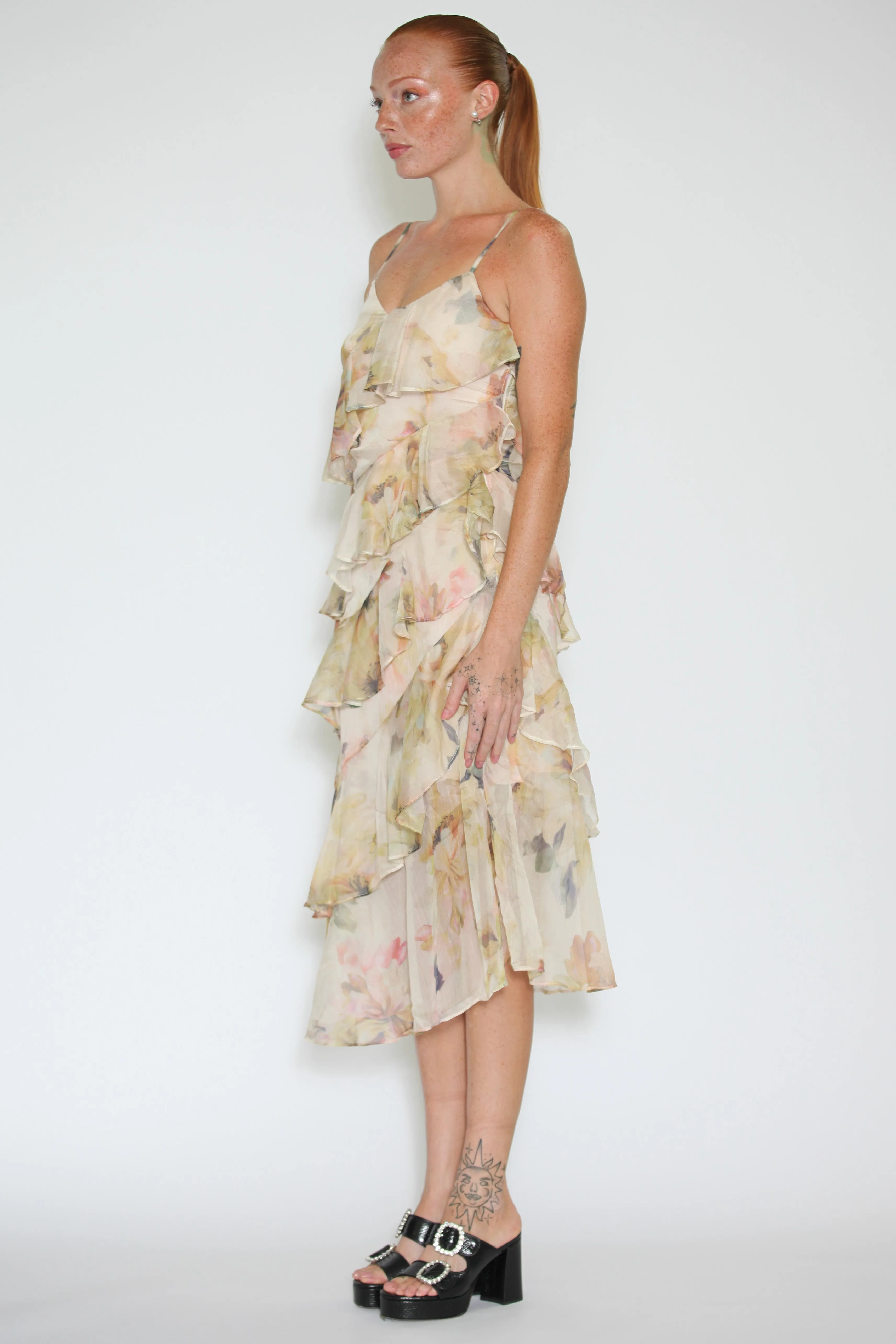 Silk Floral Champagne Ruffle Long Dress