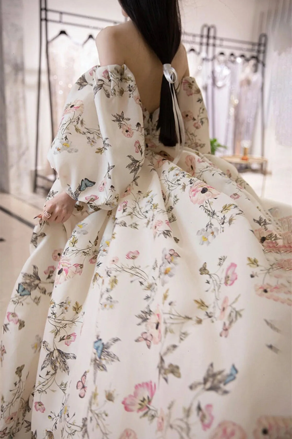 Stylish Long Sleeves Printed Pattern Long Prom Dress with High Slit, Long Formal Evening Dress A1580