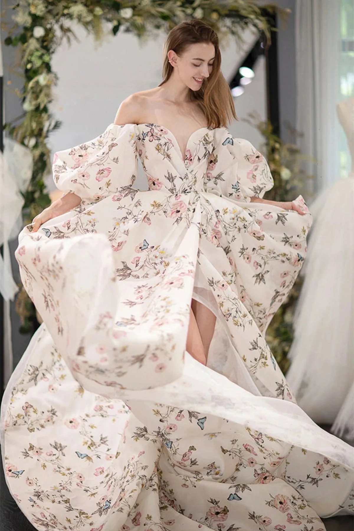 Stylish Long Sleeves Printed Pattern Long Prom Dress with High Slit, Long Formal Evening Dress A1580