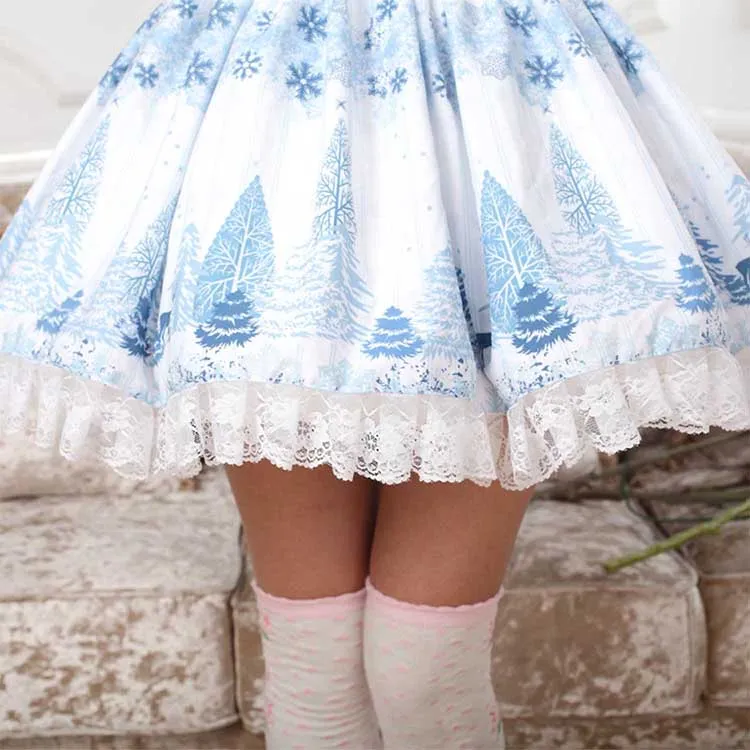 Sweet Light Sky Blue Snow Forest Printed Pleated Lace A Line Lolita Skirt for Lady