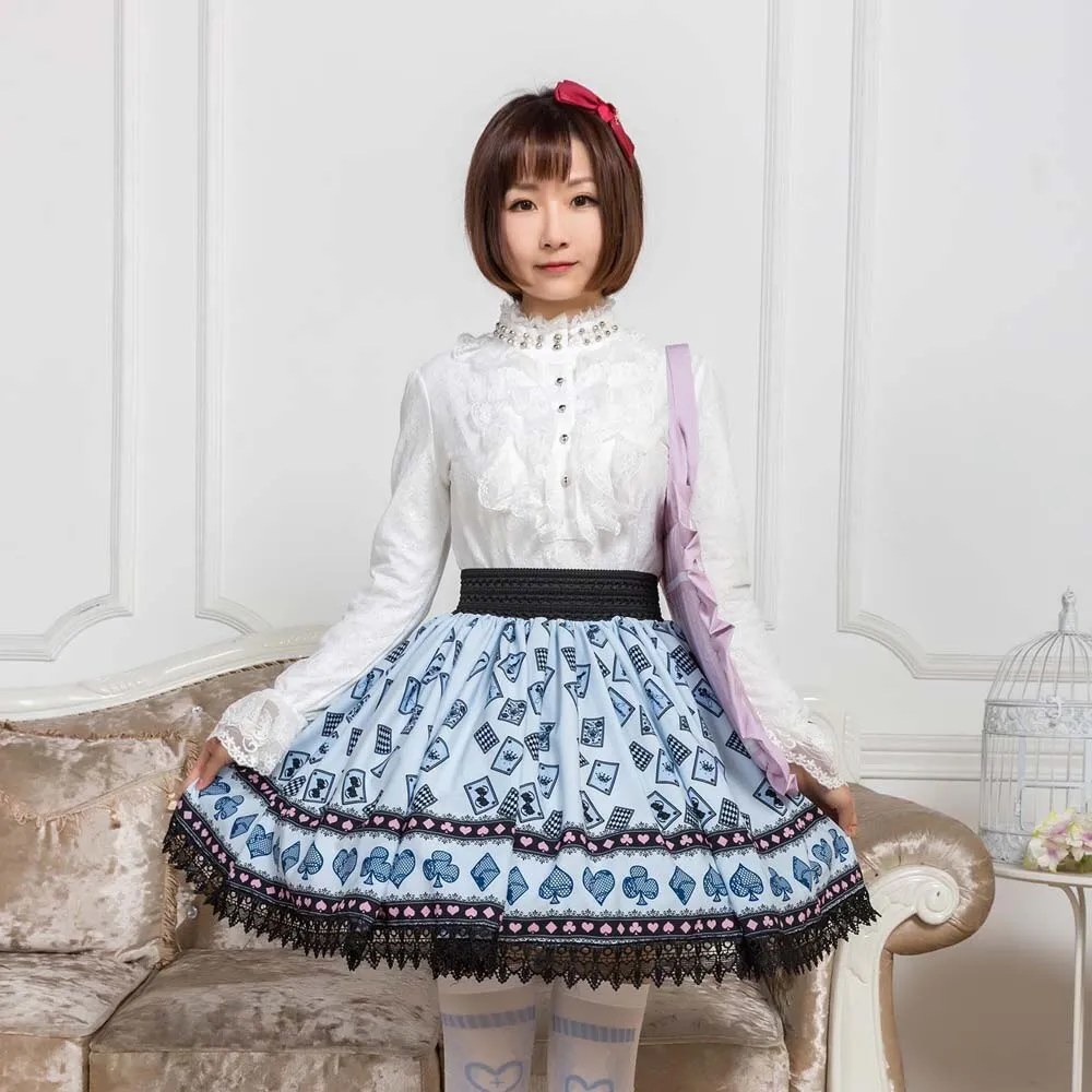 Sweet Mori Girl Sky Blue Poker Card Printed Short Skirt for Summer