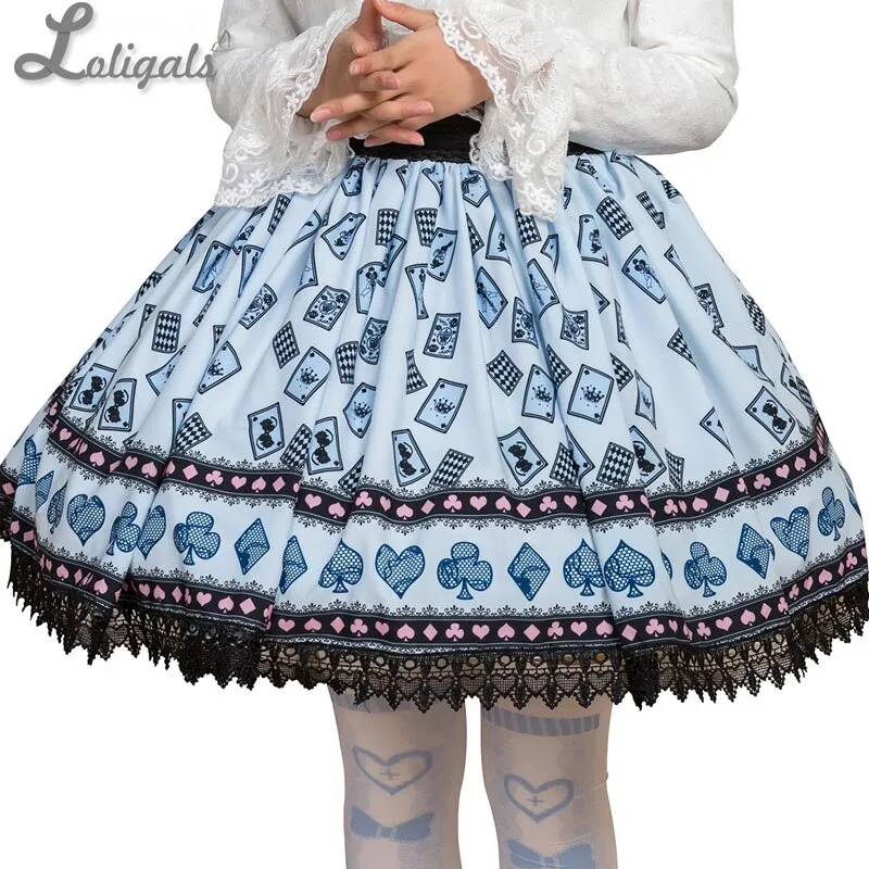 Sweet Mori Girl Sky Blue Poker Card Printed Short Skirt for Summer