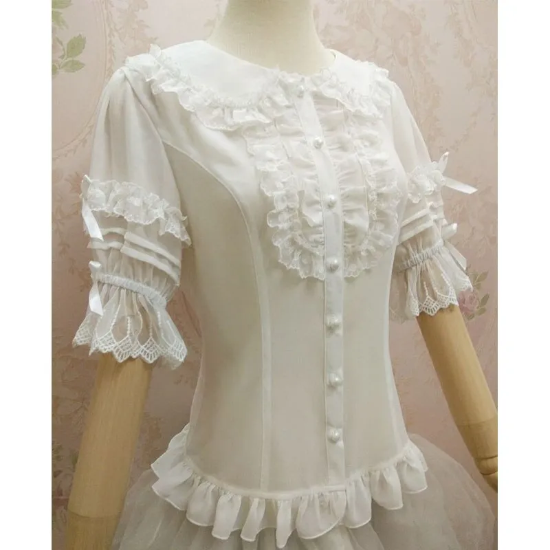 Sweet Women's Half Sleeve Chiffon Blouse Ruffled White Button Down Shirt by Yiliya