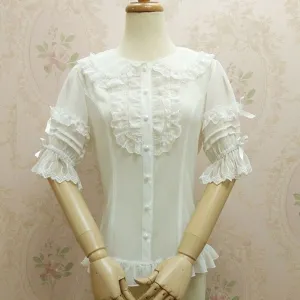 Sweet Women's Half Sleeve Chiffon Blouse Ruffled White Button Down Shirt by Yiliya