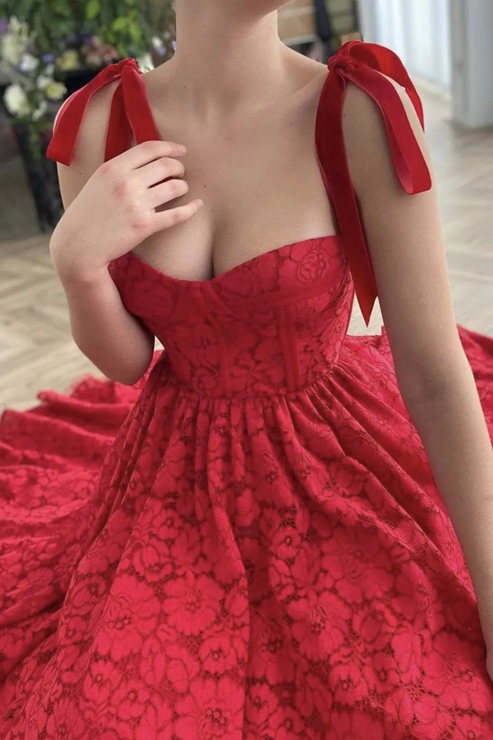 Sweetheart Neck Tea Length Red Lace Prom Dress, Red Lace Homecoming Dress, Red Formal Evening Dress