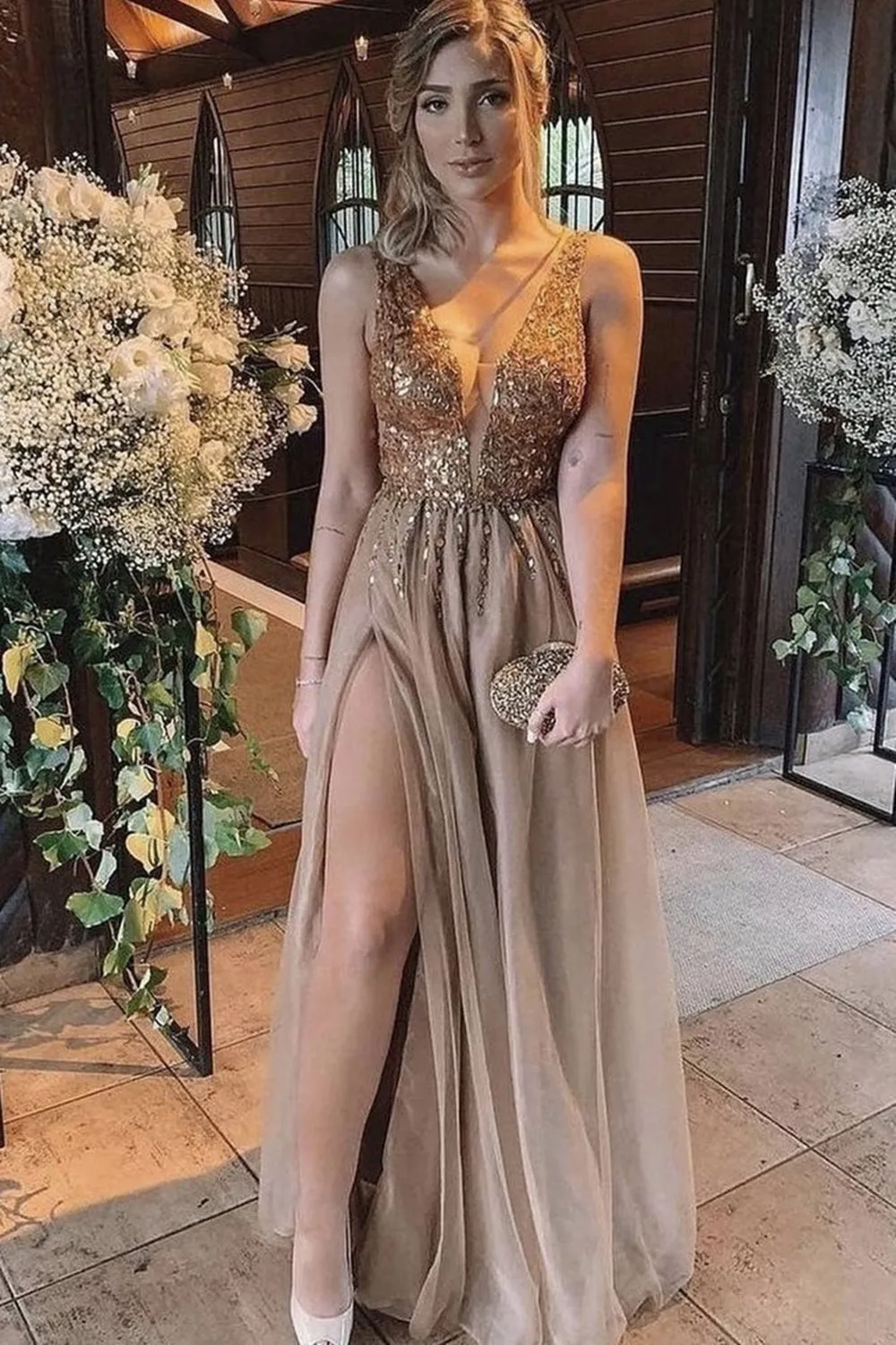 V Neck Champagne Sequins Long Prom Dress with High Slit, Champagne Sequins Formal Graduation Evening Dress A1354