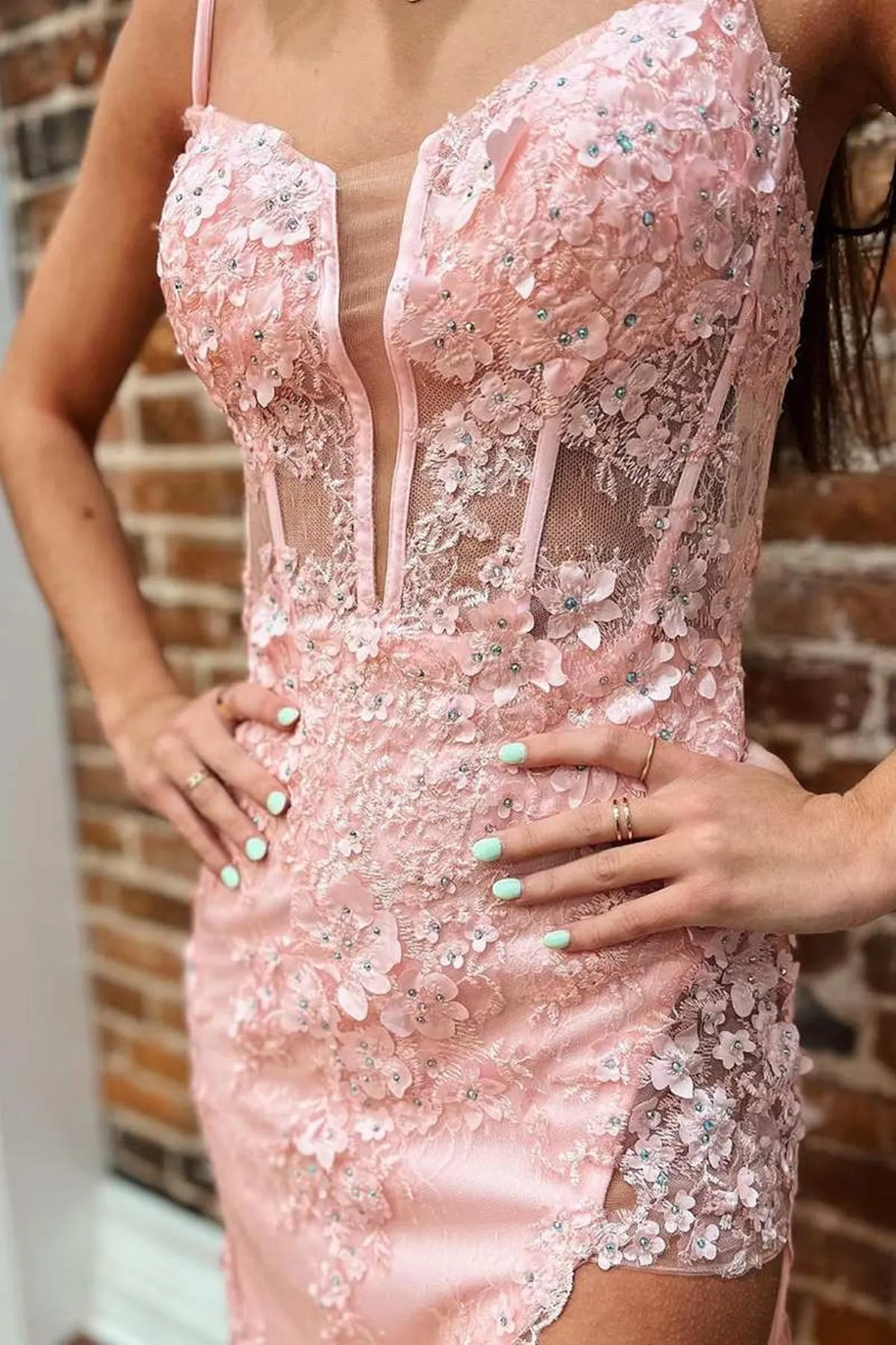 V Neck Mermaid Pink Lace Long Prom Dress with High Slit, Beaded Pink Lace Formal Graduation Evening Dress A1742