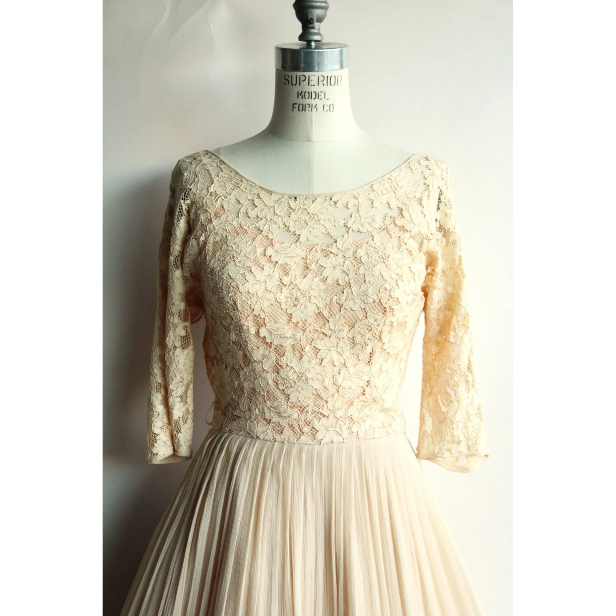 Vintage 1960s Fit and Flare Ivory Illusion Lace And Chiffon Dress