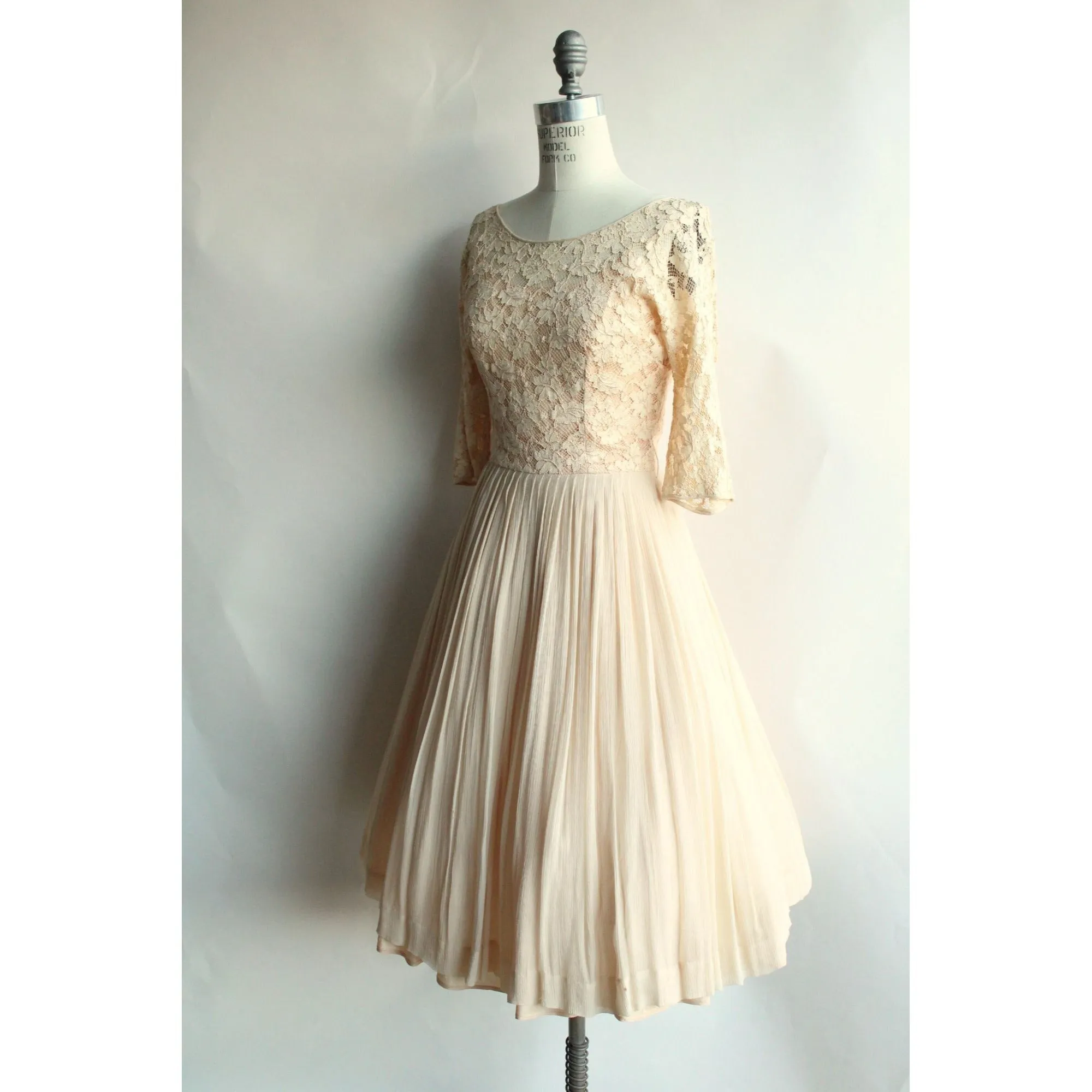 Vintage 1960s Fit and Flare Ivory Illusion Lace And Chiffon Dress