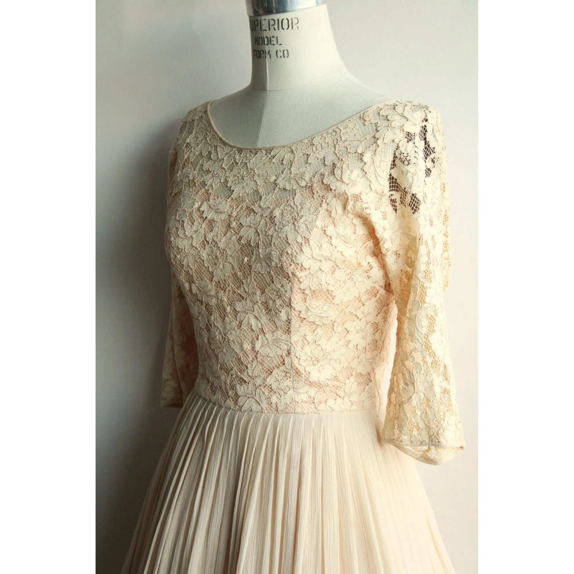 Vintage 1960s Fit and Flare Ivory Illusion Lace And Chiffon Dress