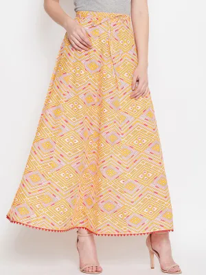 Women Yellow And Pink Printed Flared Maxi Skirt